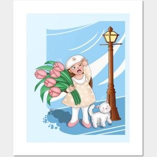 Girl carrying tulips against a strong wind Posters and Art